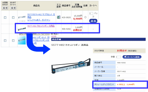 商品詳細画面にて最低出荷単位と単価が確認できます